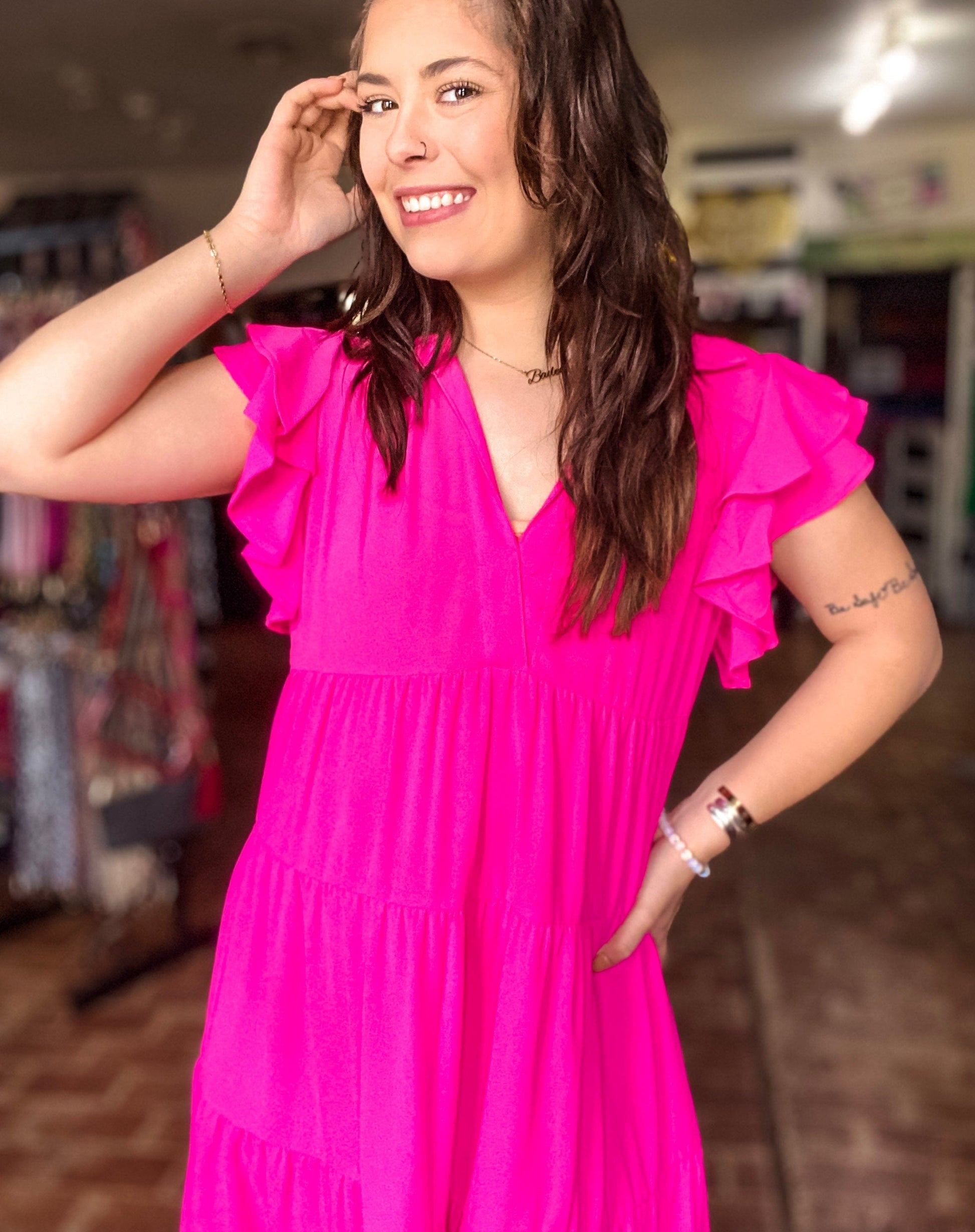 Dresses Molly Flutter Sleeve Dress-Hot Pink