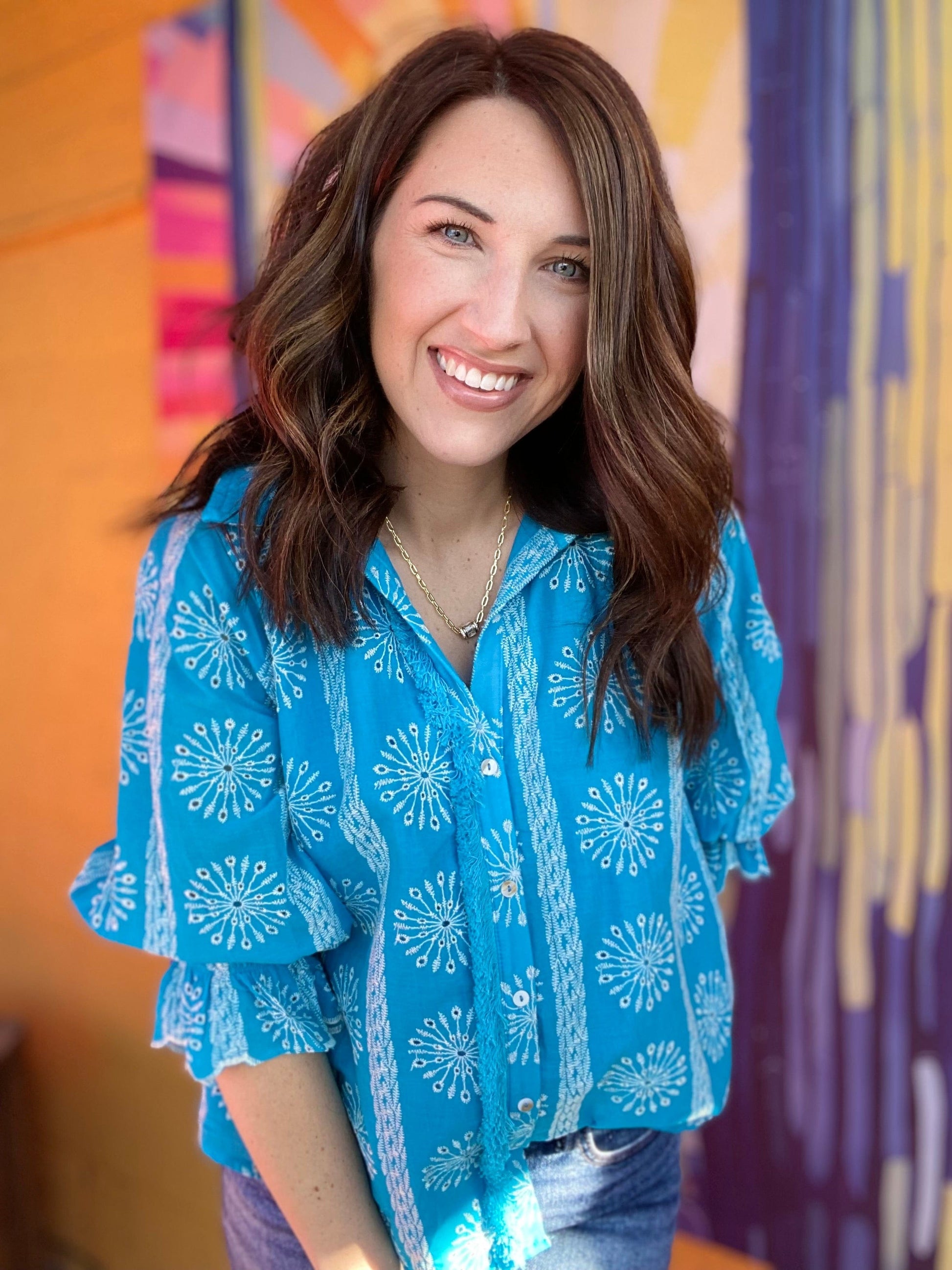 Tops Ocean Blue Cotton Blouse