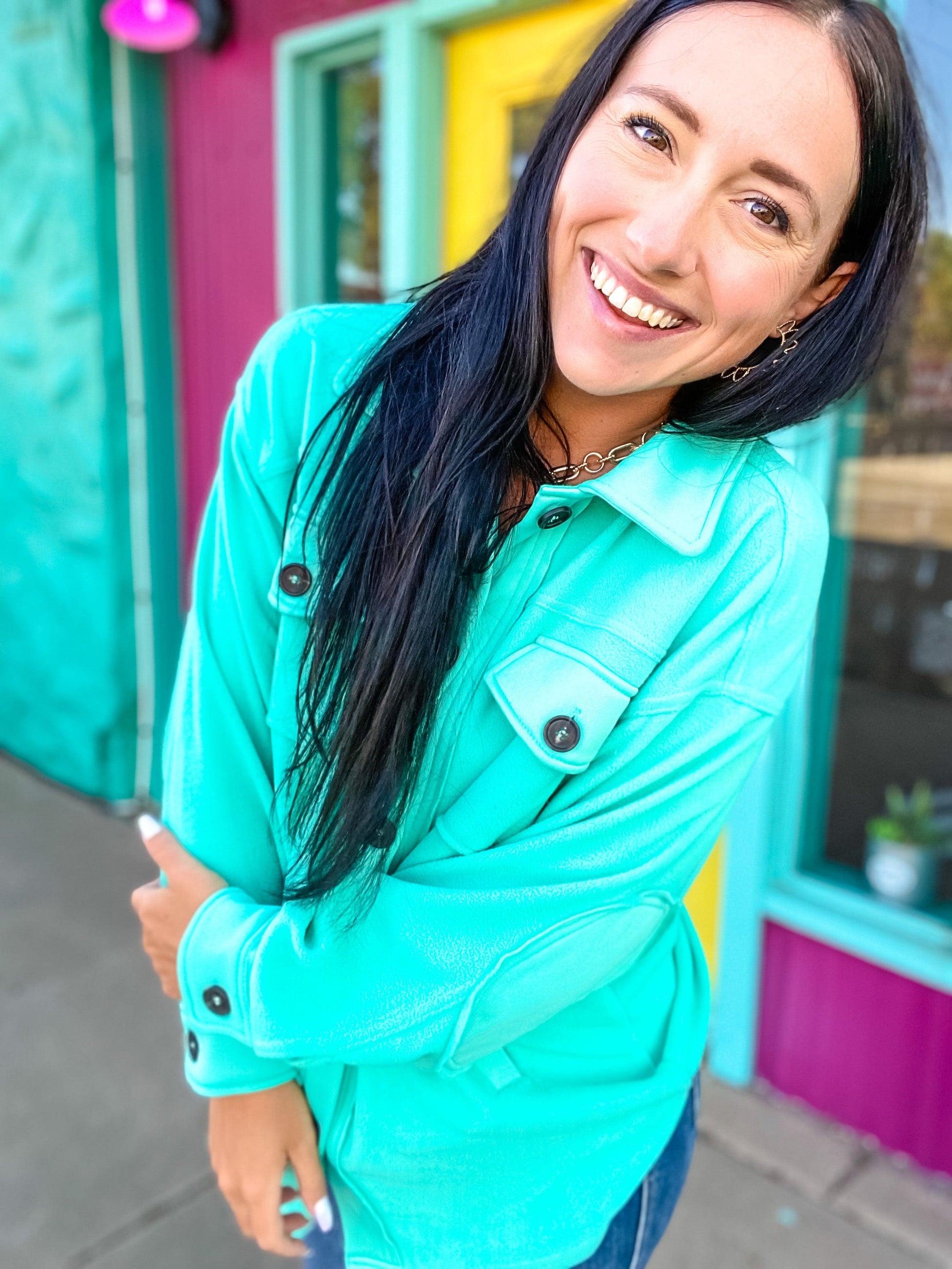 Tops Oversized Fleece Shacket-Minty