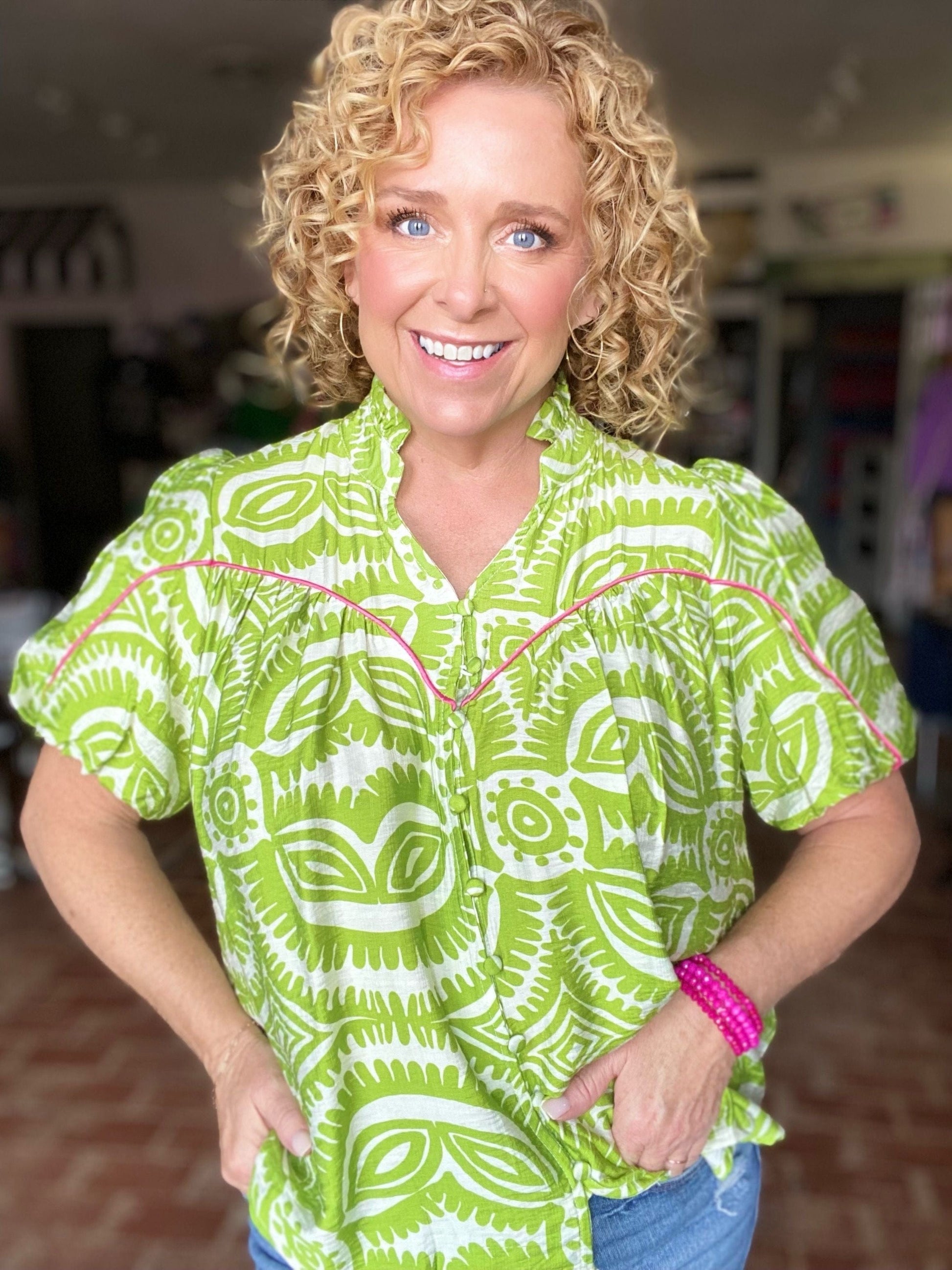 Tops Parrie Piped Puff Sleeve Blouse- Green