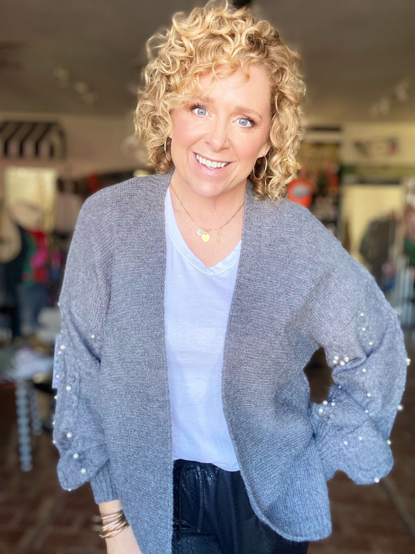 Tops Pearly Girl Fancy Cardi-Charcoal