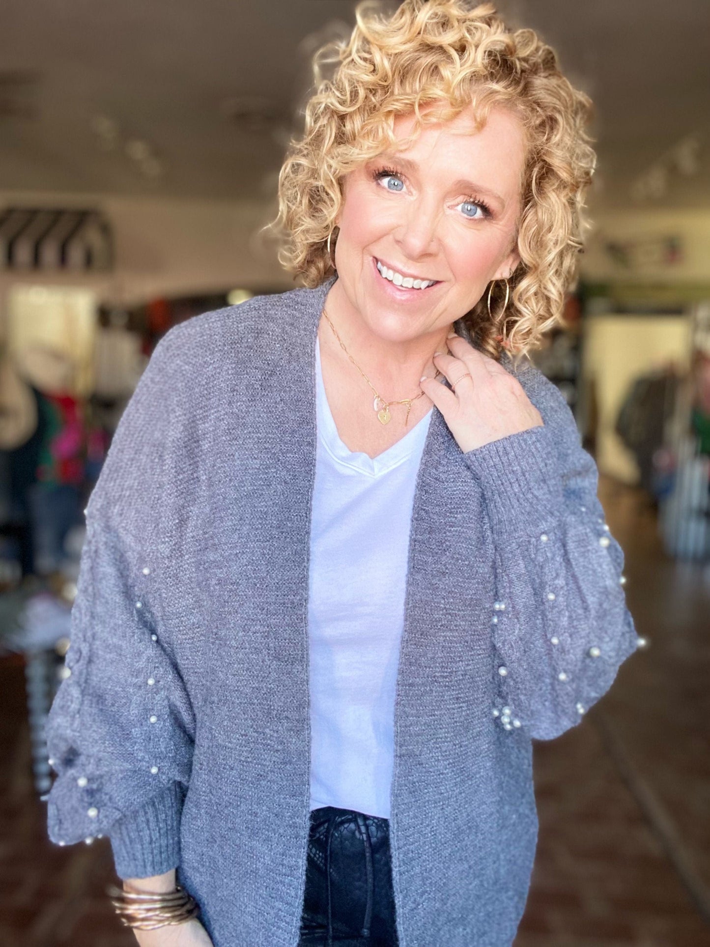 Tops Pearly Girl Fancy Cardi-Charcoal