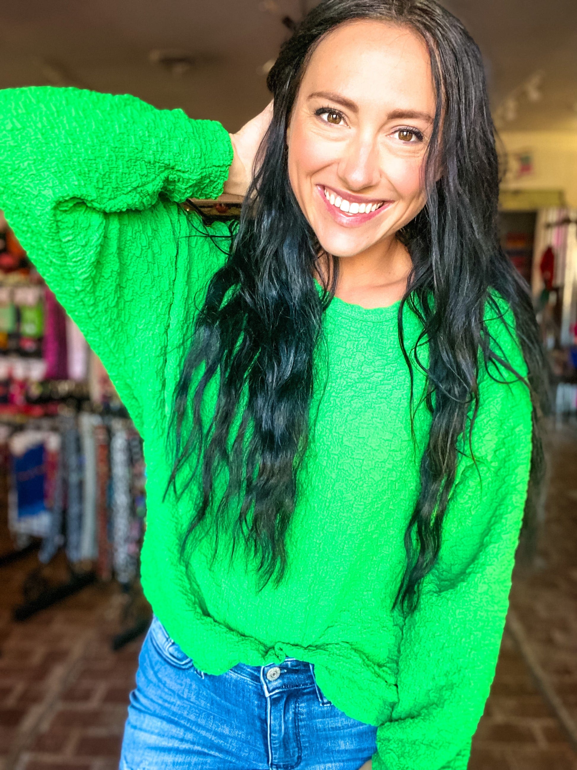 Tops Poppin' Textured Top-Green