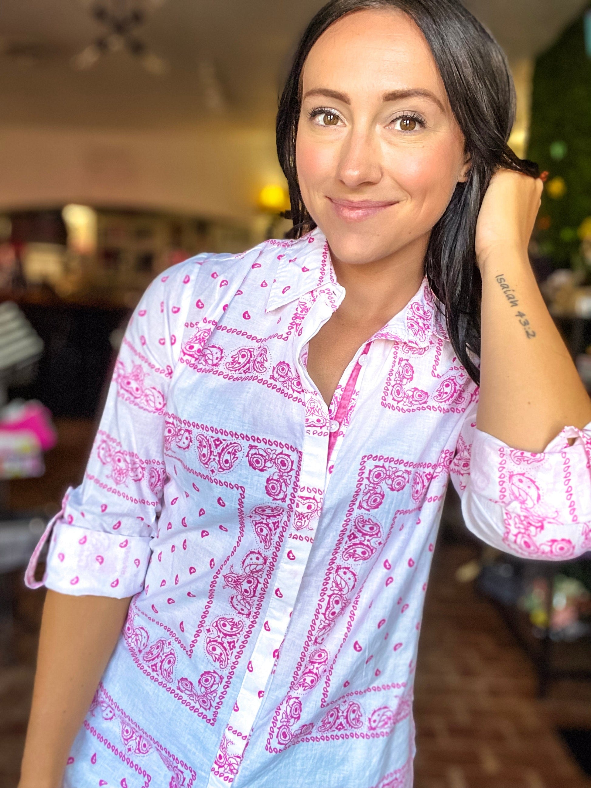 Tops Pretty Paisley Button Down- Pink