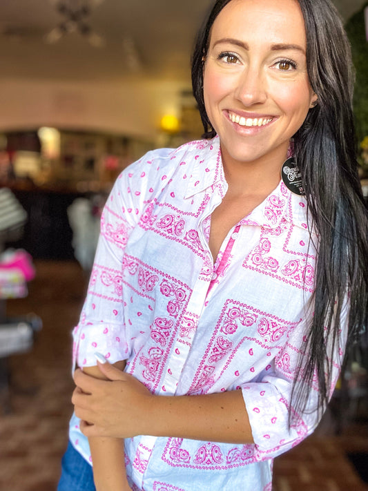Tops Pretty Paisley Button Down- Pink