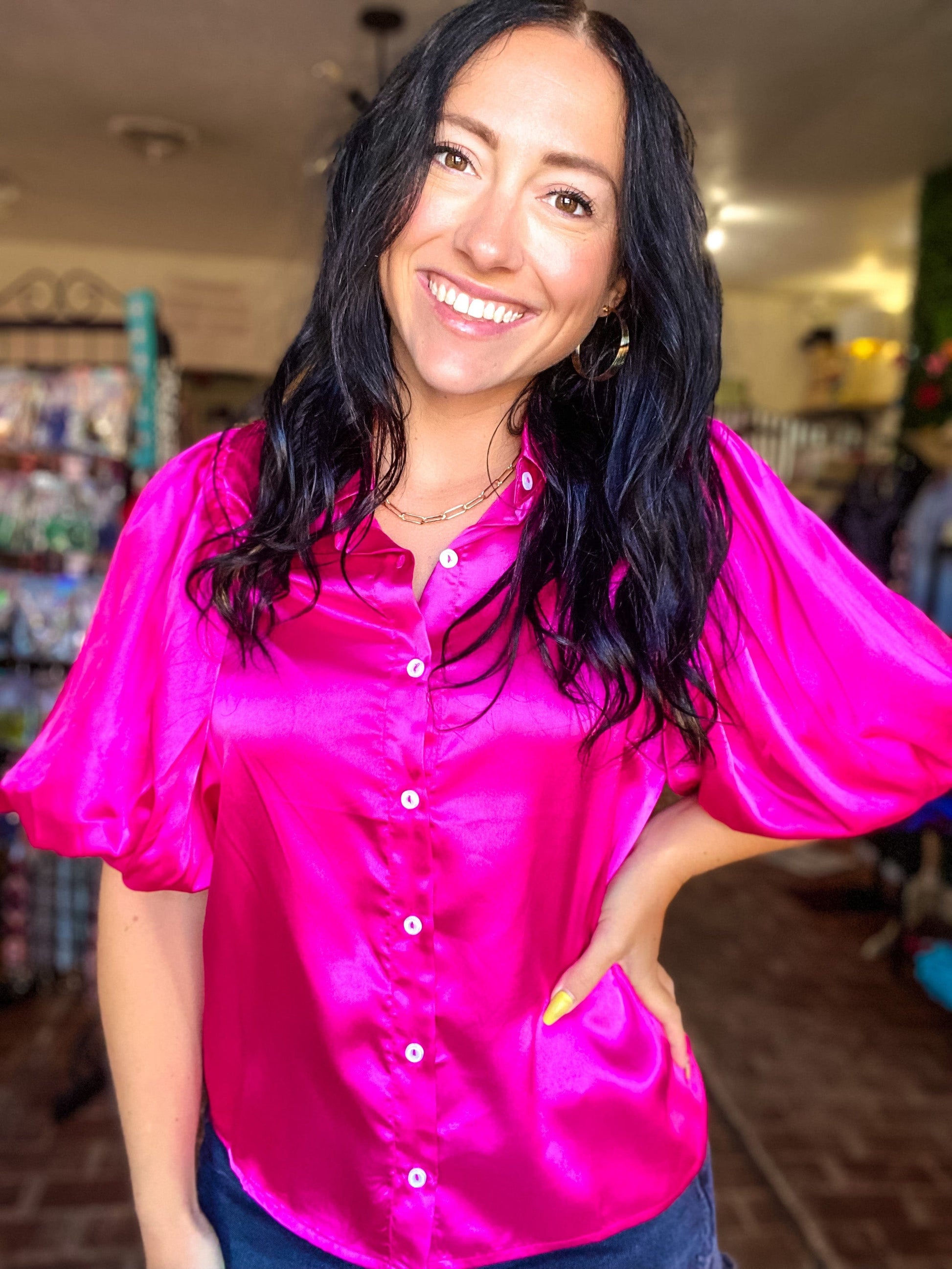 Puffy Sleeve Top- Hot Pink