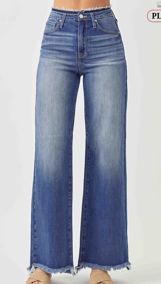 Bottoms Risen High Waist Wide Leg Frayed Hem- DK