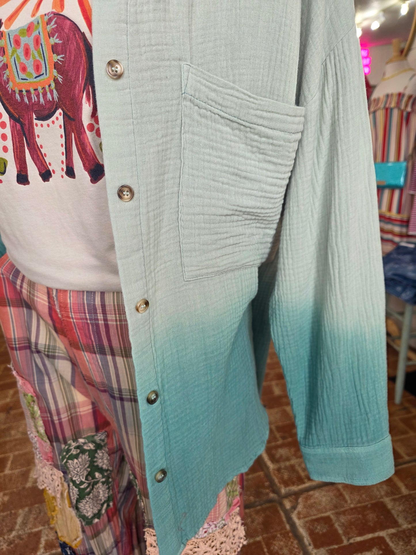Gauzy Button Down Ombre Green
