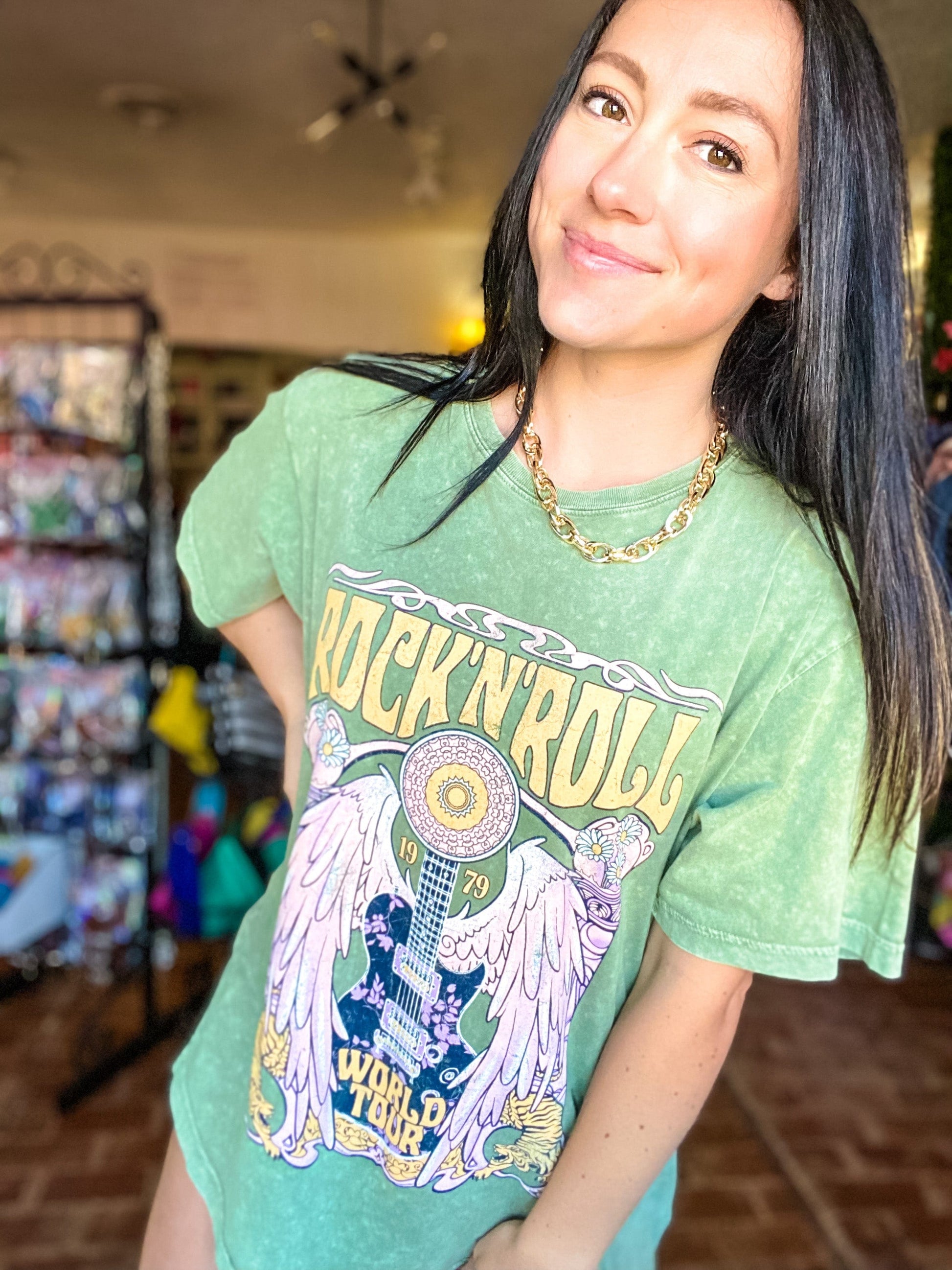 Graphic Tees Rock N Roll World Tour- Olive