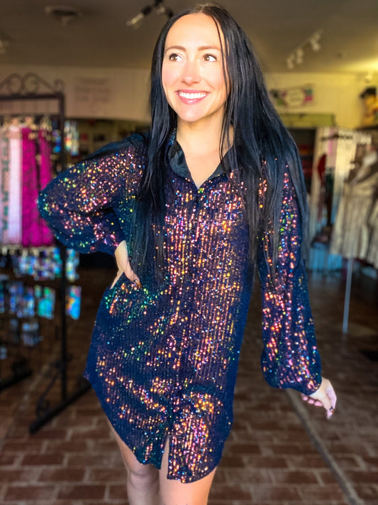 Dresses Roxi Short Sequin Shirt Dress- Hunter