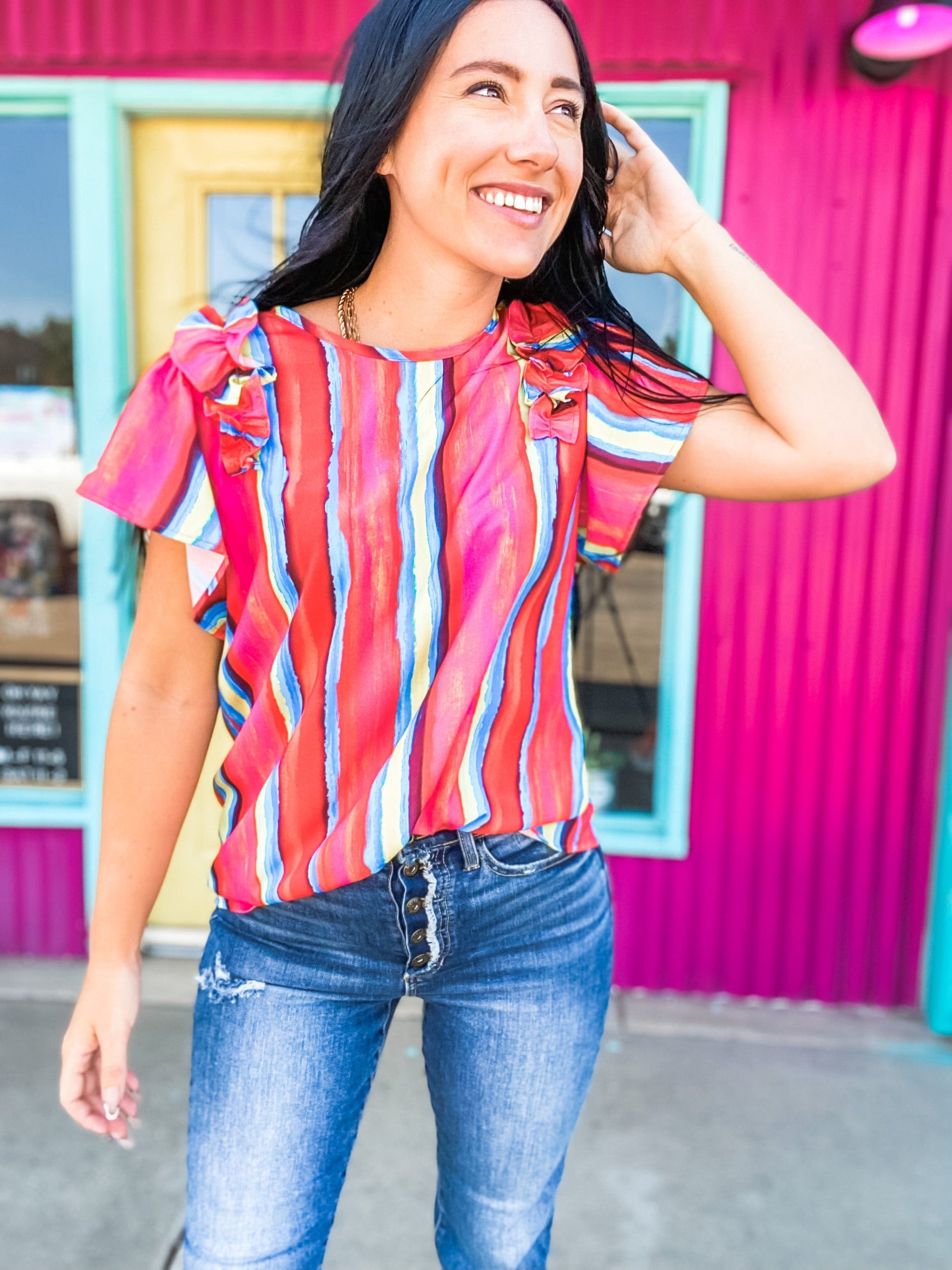 Tops Serape Ruffle Sleeve Top