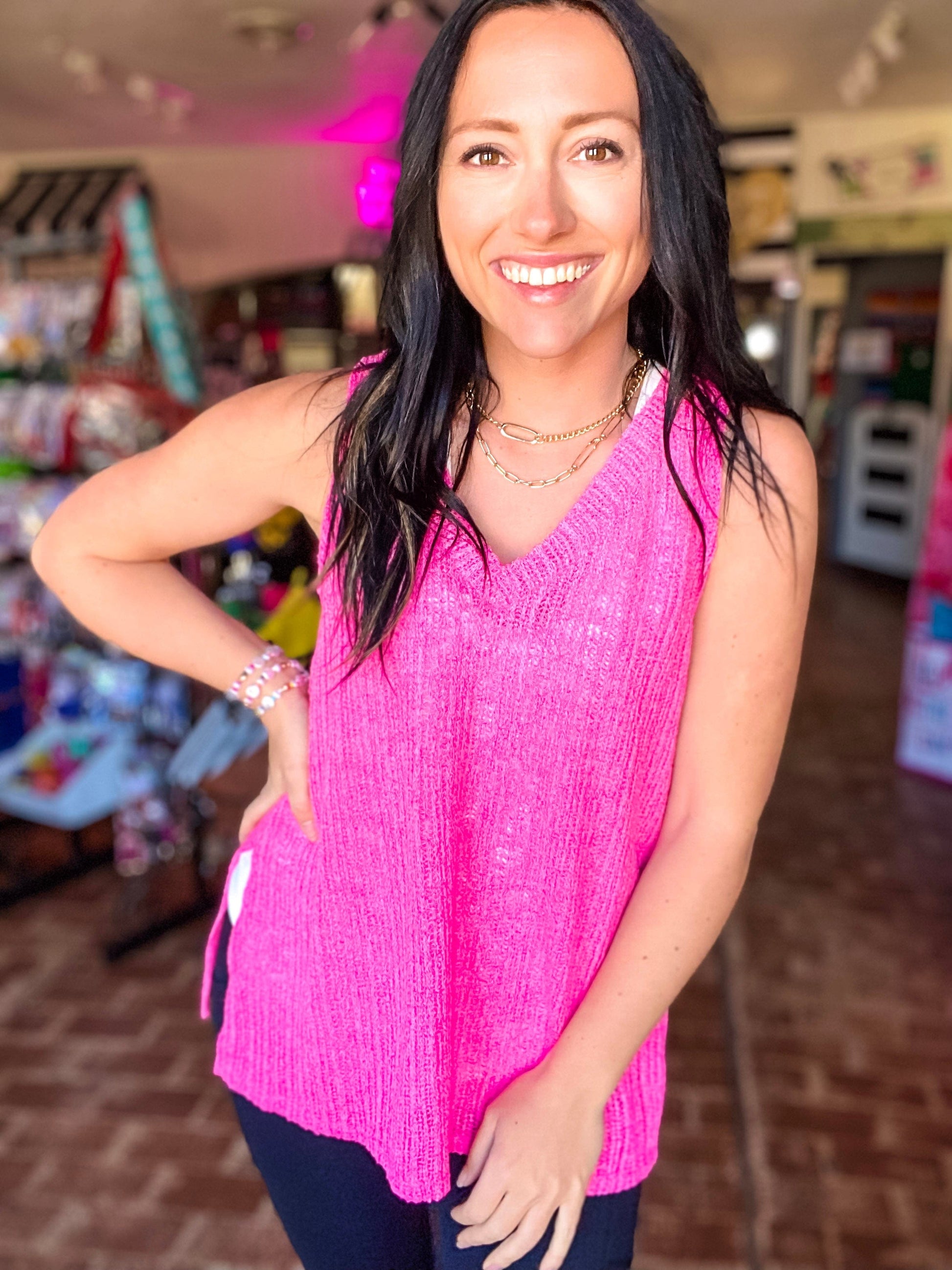 Shirts & Tops Sleeveless Vneck Sweater in Pink
