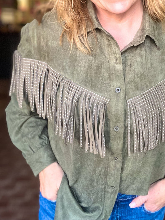 Tops Studded Faux Suede Fringe Top- Olive