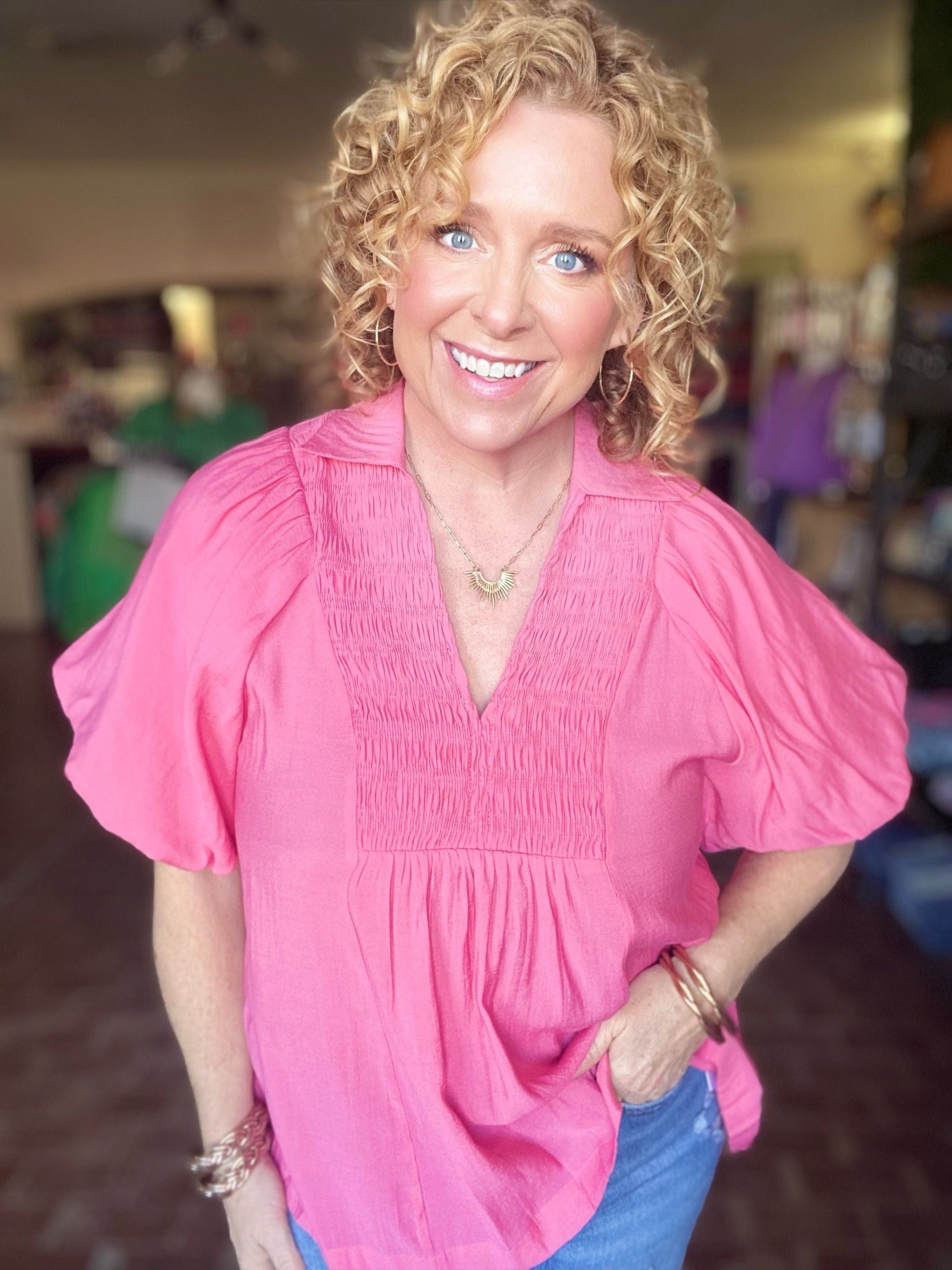 Tops Sydni Puff Sleeve Blouse Coral Pink