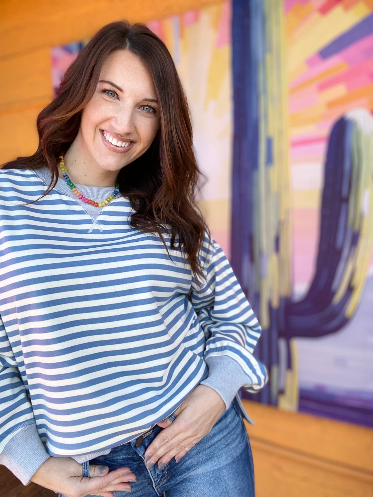 Shirts & Tops Thalia Striped Pullover- Blue and Gray