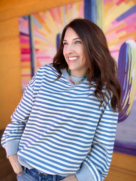 Shirts & Tops Thalia Striped Pullover- Blue and Gray