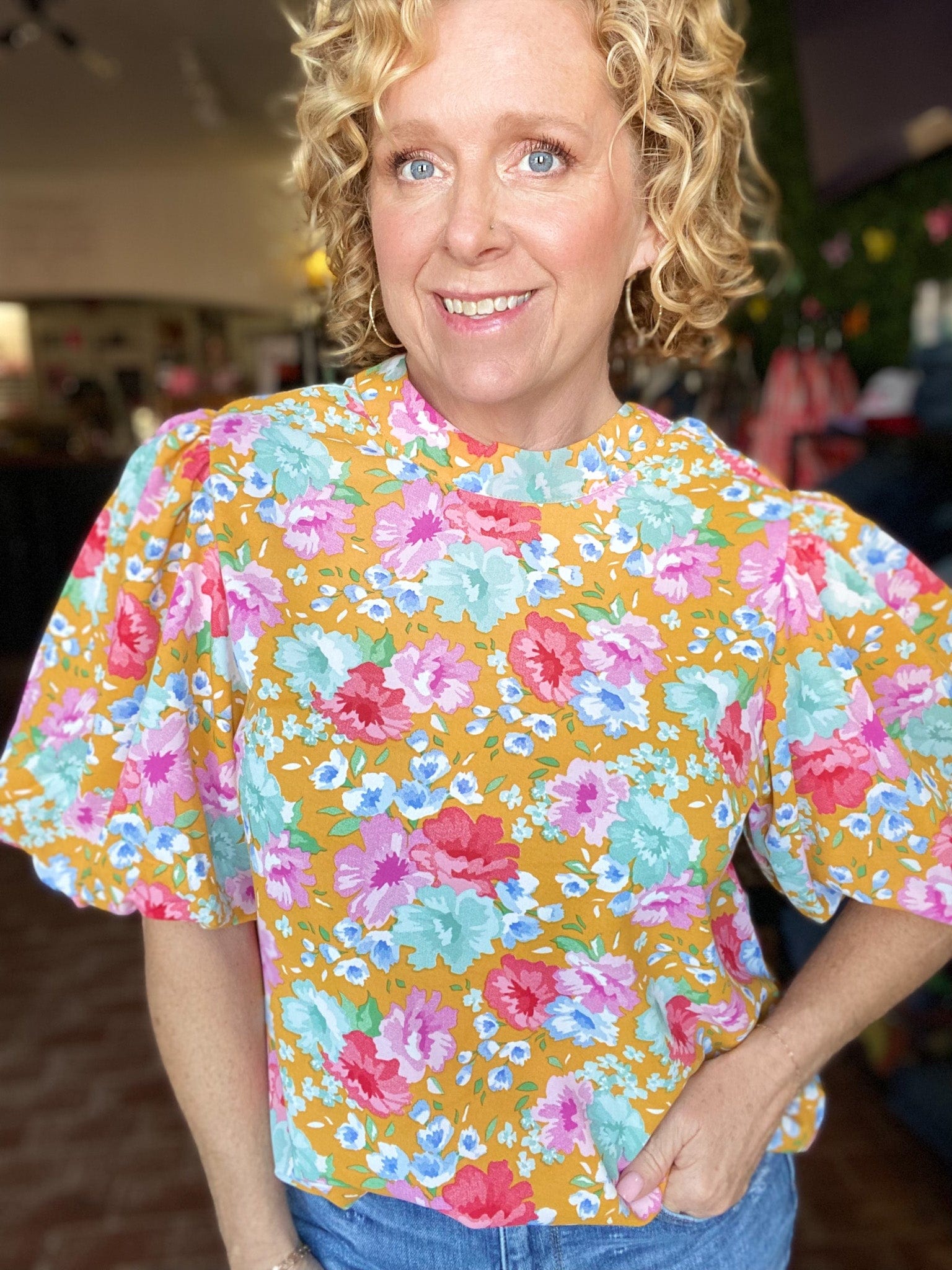 Tops THML Ceceli Floral Puff Sleeve Top