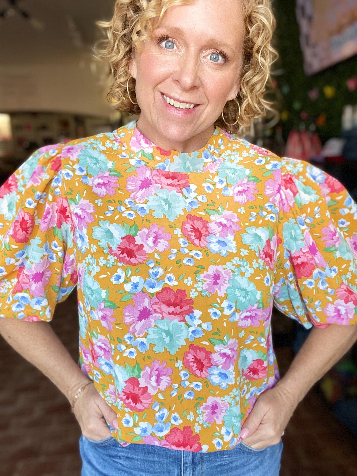 Tops THML Ceceli Floral Puff Sleeve Top
