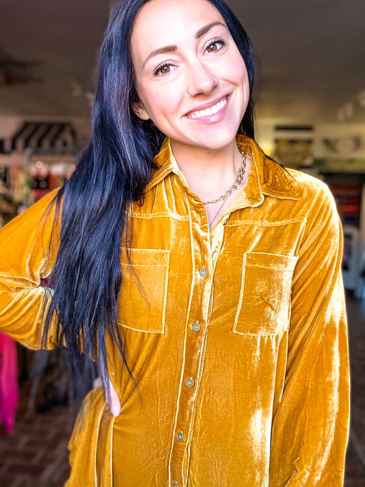 Umgee Velvet Button Down Top- Mustard