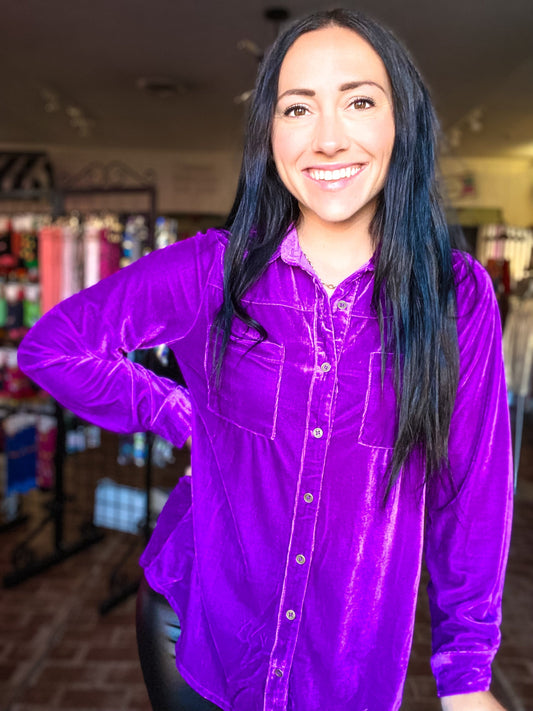 Umgee Velvet Button Down Top- Violet
