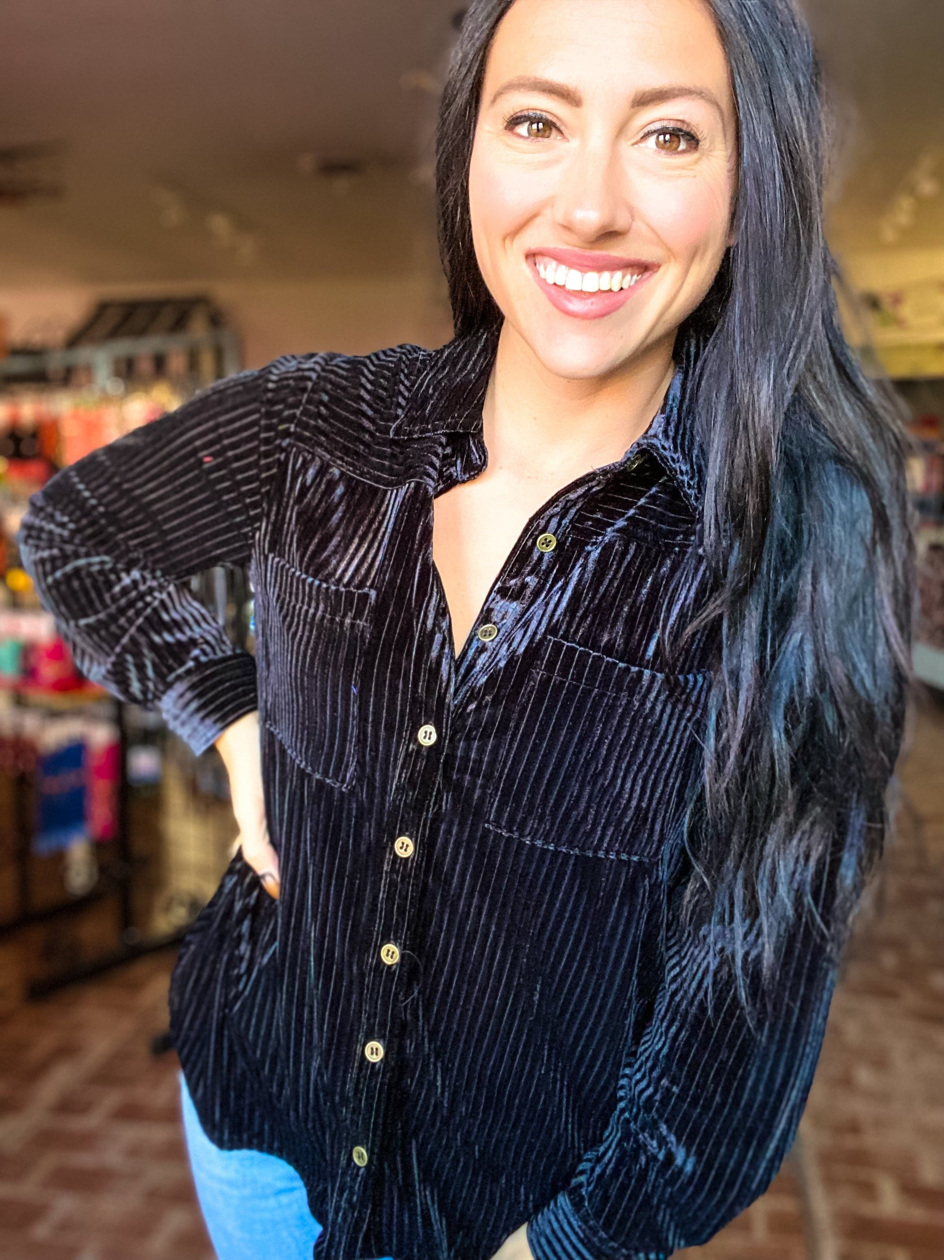 Velvet Stripe Button Down- Black