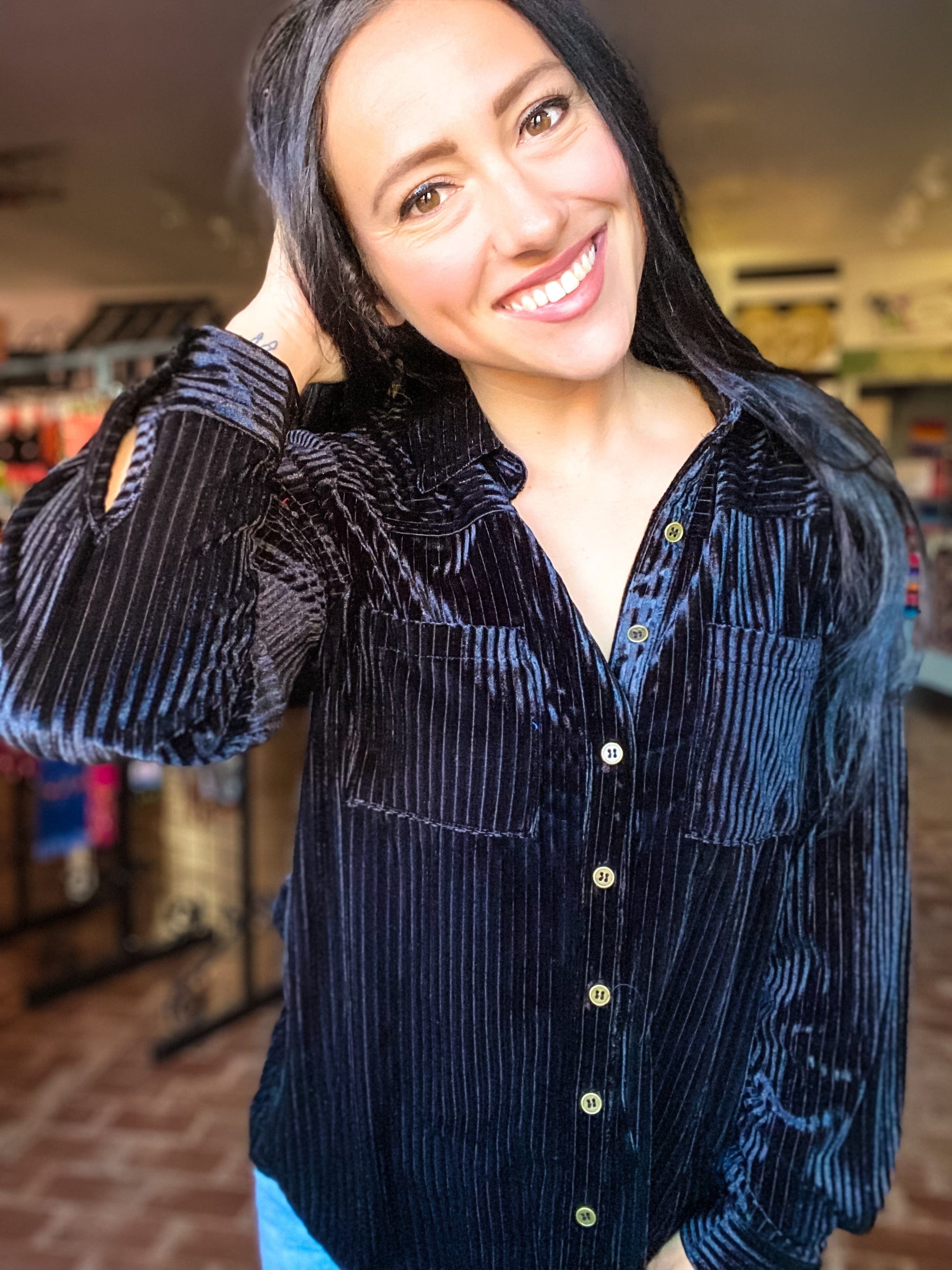 Velvet Stripe Button Down- Black