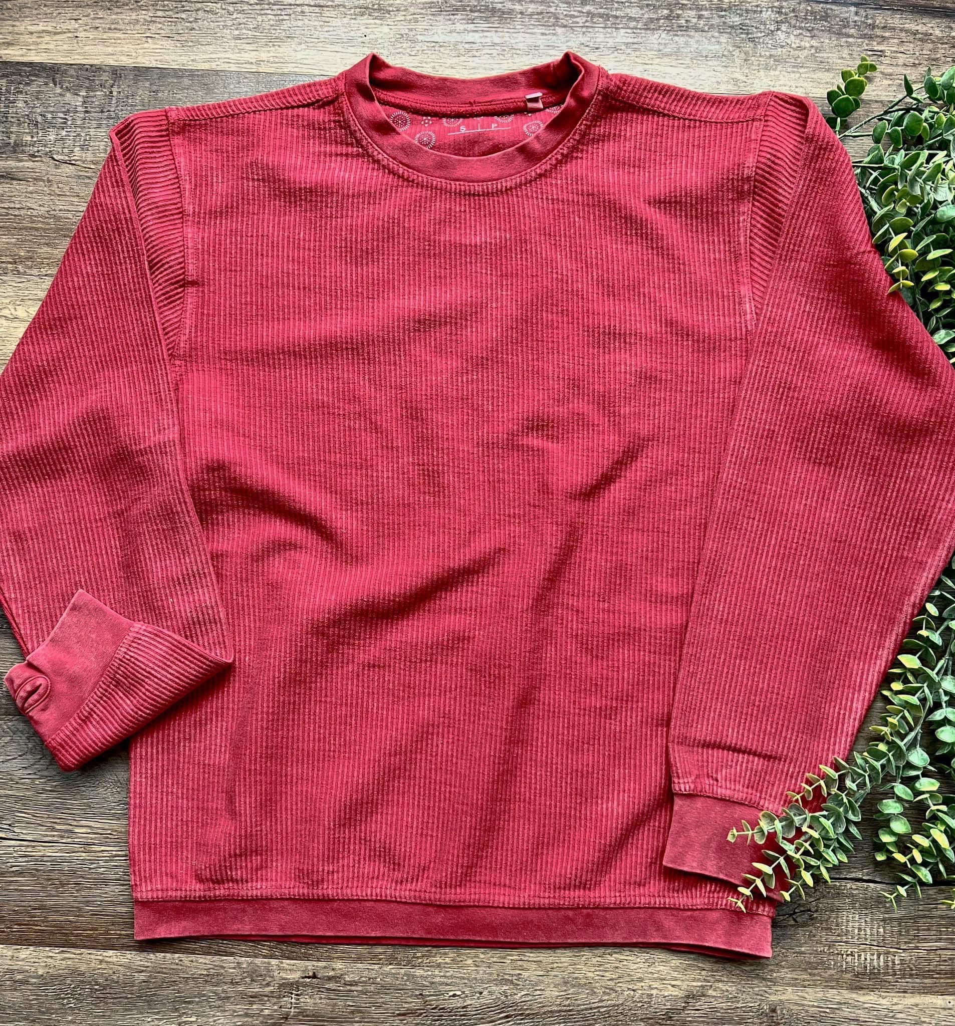 Vintage Wash Corded Crew Sweatshirt-Red