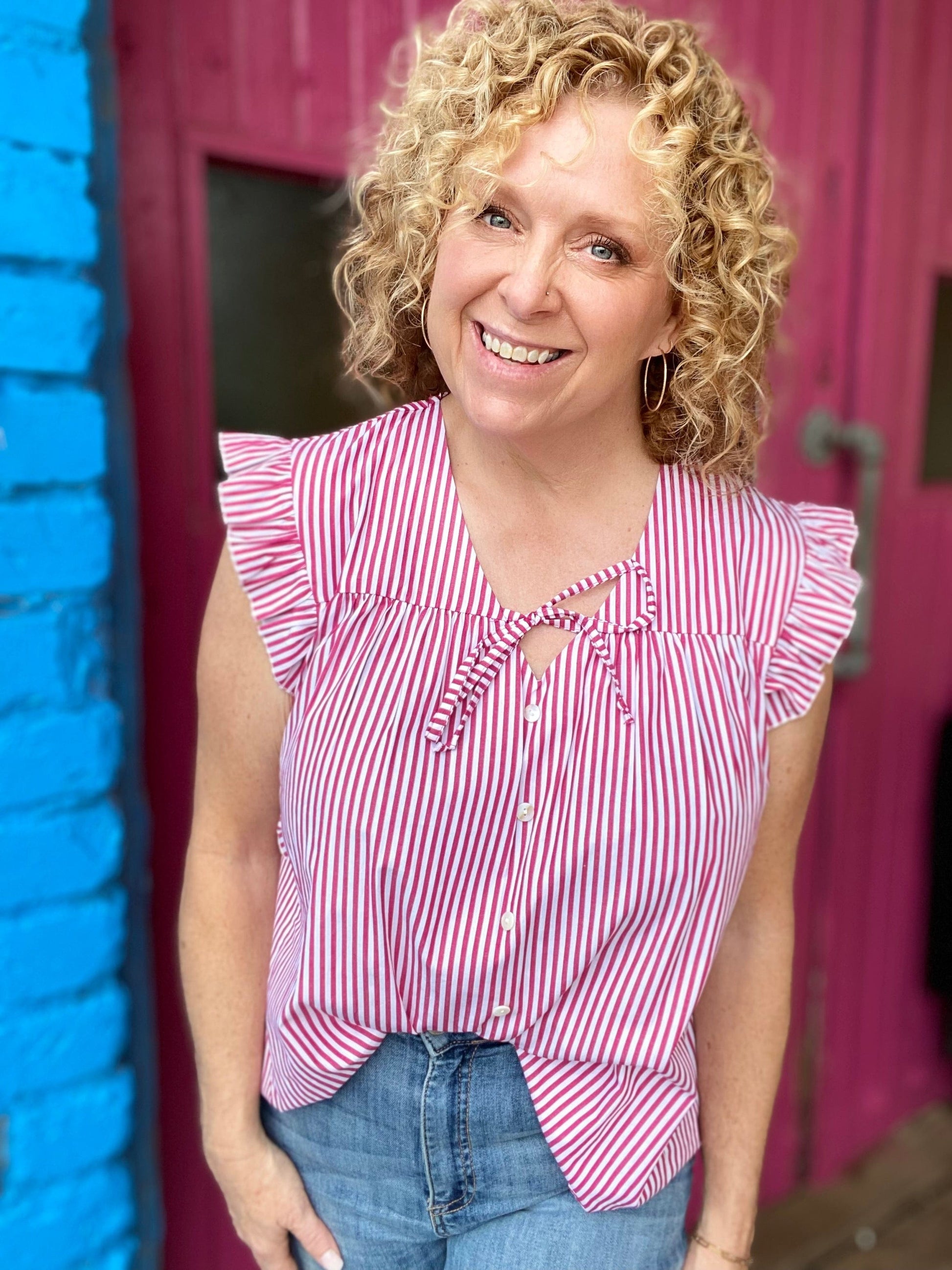 Tops Vneck Ruffle Stripe Top- Red