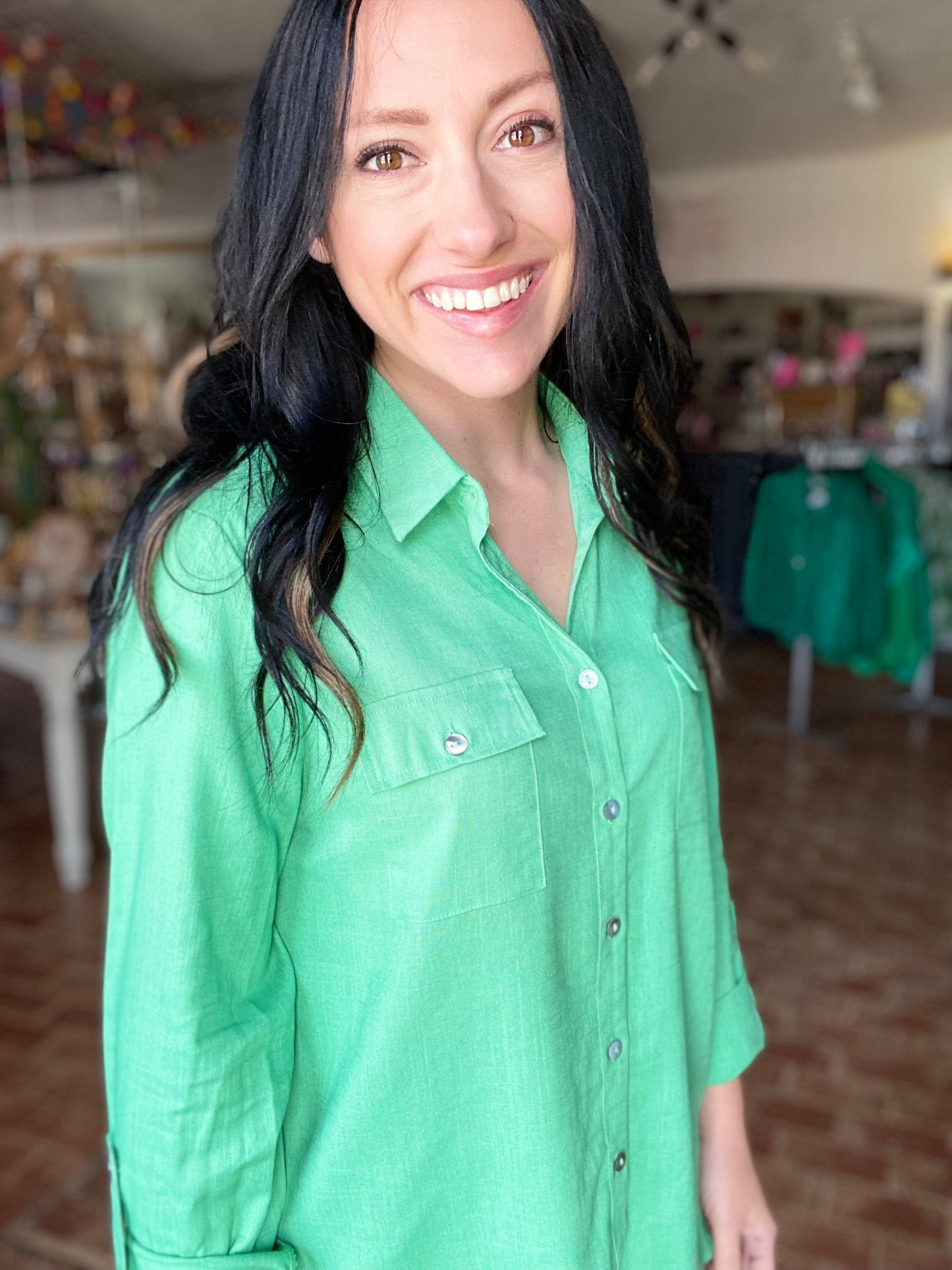 Tops Bently Button Down- Apple Green