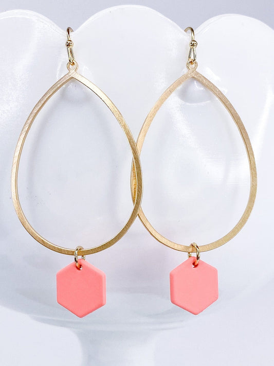 Earrings Hexed Tear Drop- Coral