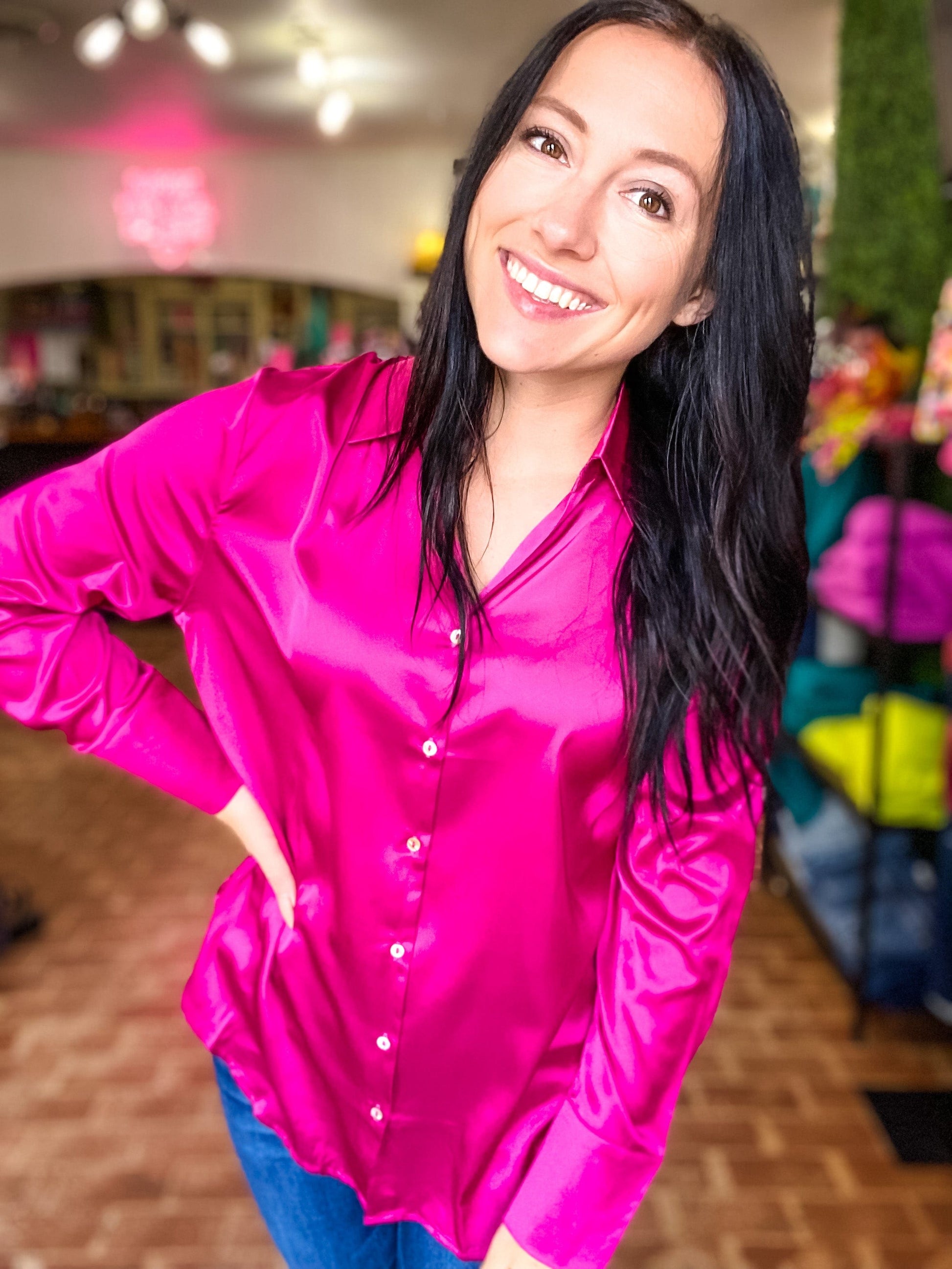 Silky Button Down Blouse-Hot Pink