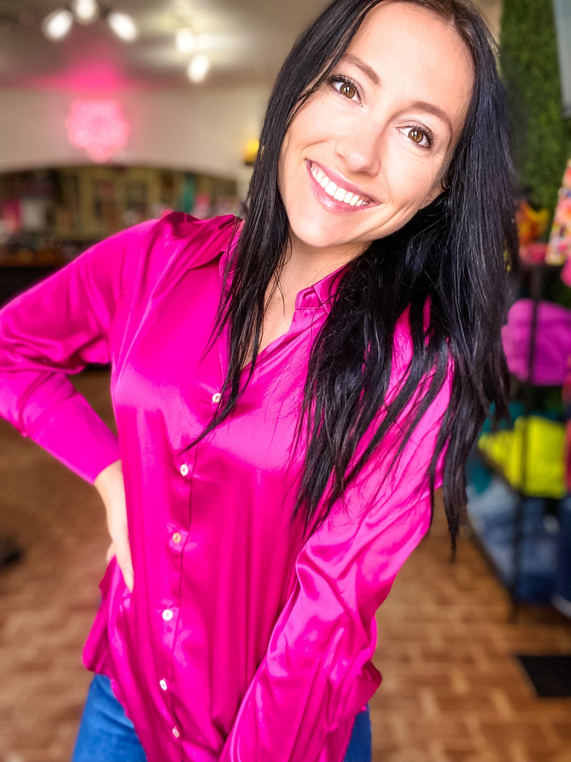 Silky Button Down Blouse-Hot Pink