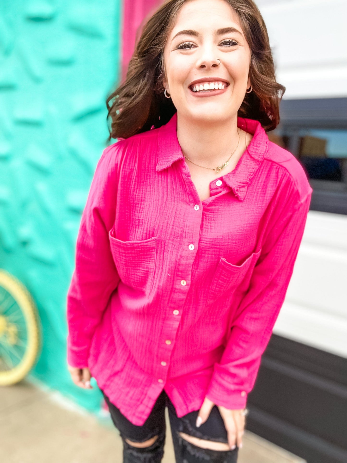 Tops Textured Hot Pink Button Down Top