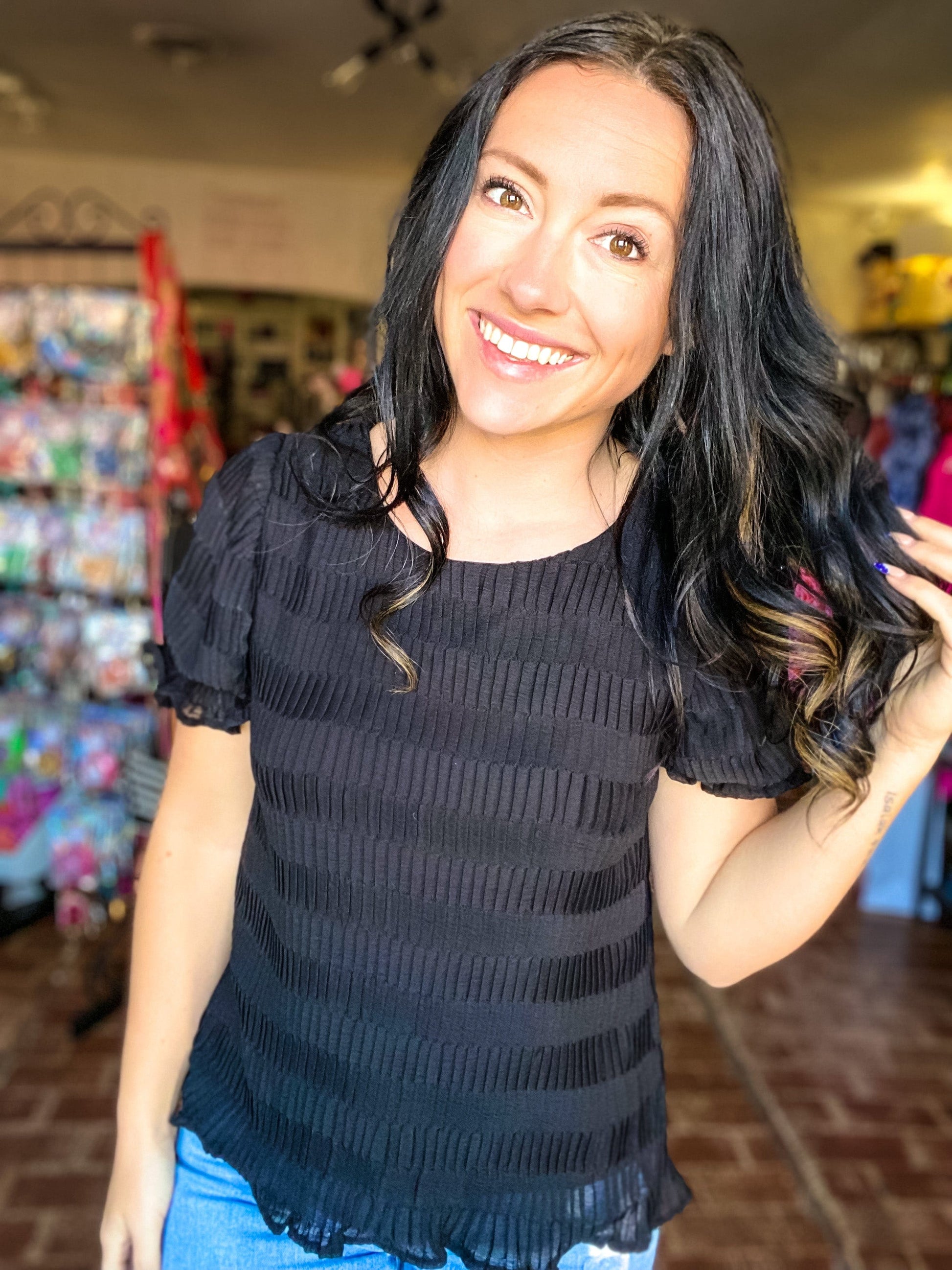 Tops Textured Puff Sleeve Top Black